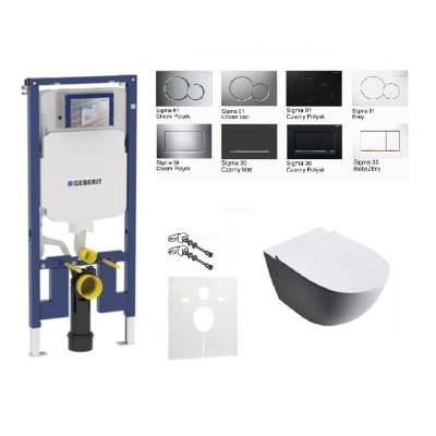  Zestaw podtynkowy Geberit Duofix SLIM (UP320): misa CLARISA WC serii Rimless, stelaż, przycisk do stelaża opcjonalnie, deska wolnoopadająca SLIM, przekładka akustyczna, wsporniki dystansowe oraz kompletny zestaw instalacyjny 