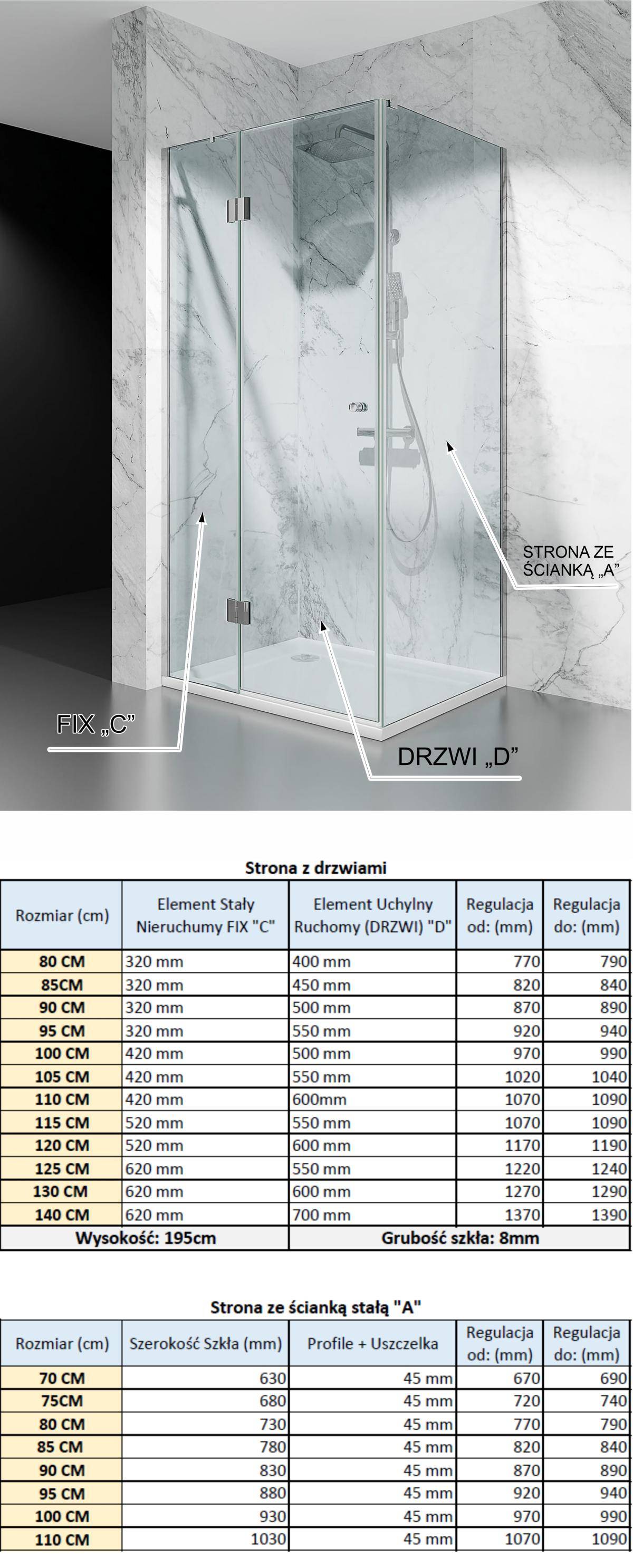 tabele regulacji kabiny prysznicowej uchylnej DV8100